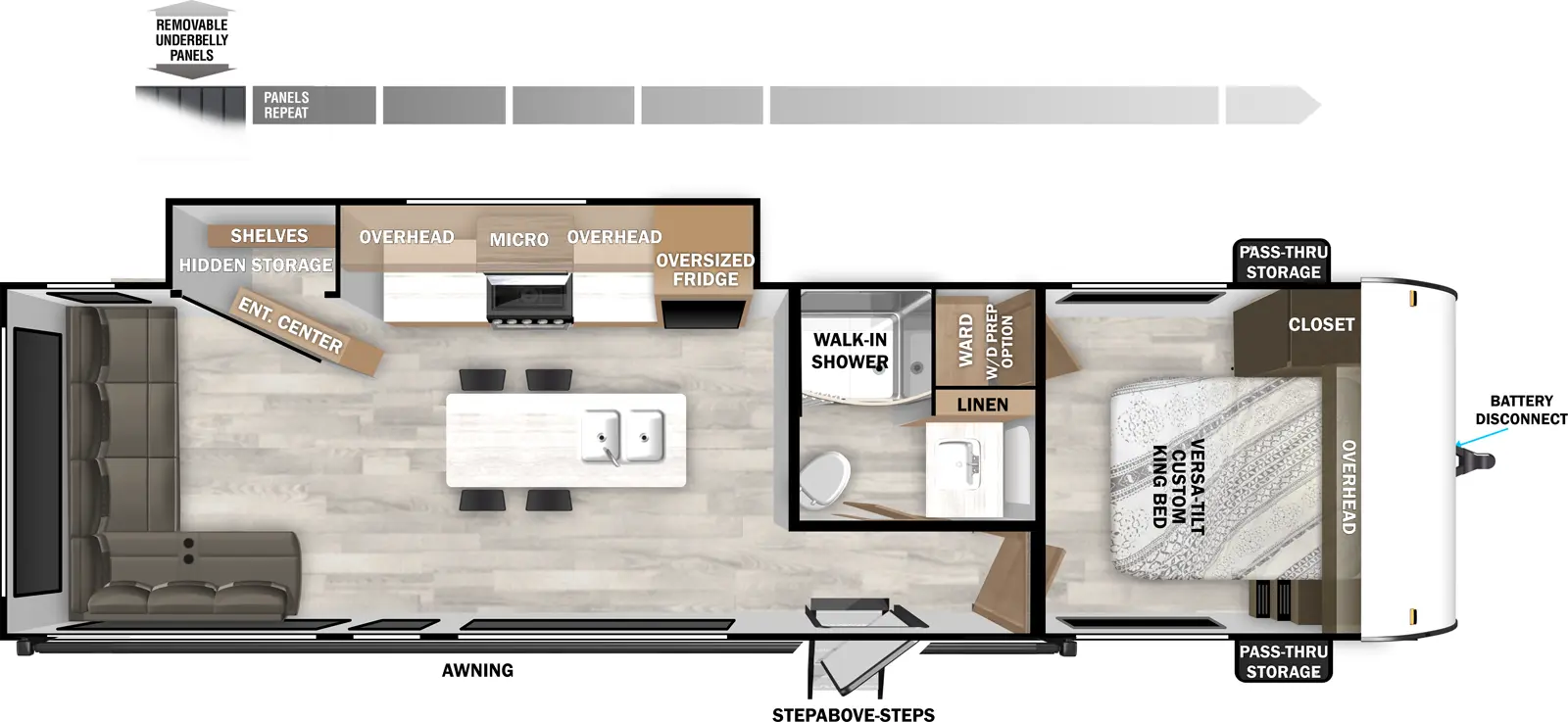 The Wildwood 28VIEW floorplan has one entry and one slide out. Exterior features include: fiberglass exterior. Interiors features include: kitchen island, front bedroom and rear living.